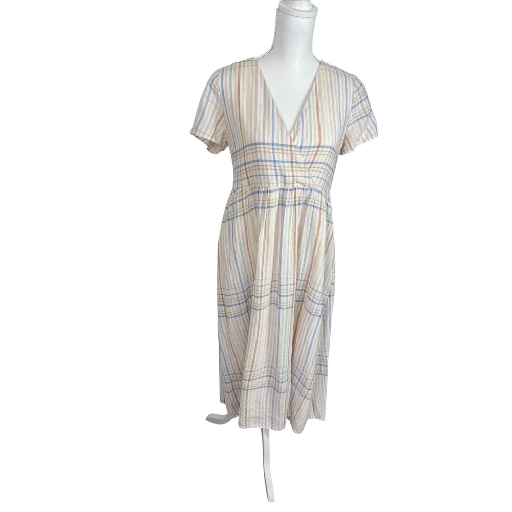 Madewell Women XS Clara Midi Dress Pockets Linen Bld Pastel Plaid Cap Sleeve - Picture 2 of 16